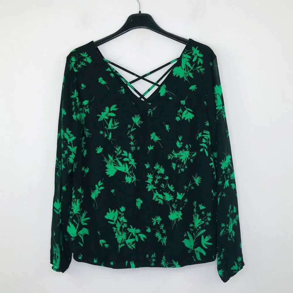 Torrid Women's 0 (Large) Blouse Black Green Floral Print Chiffon Crossback CM28